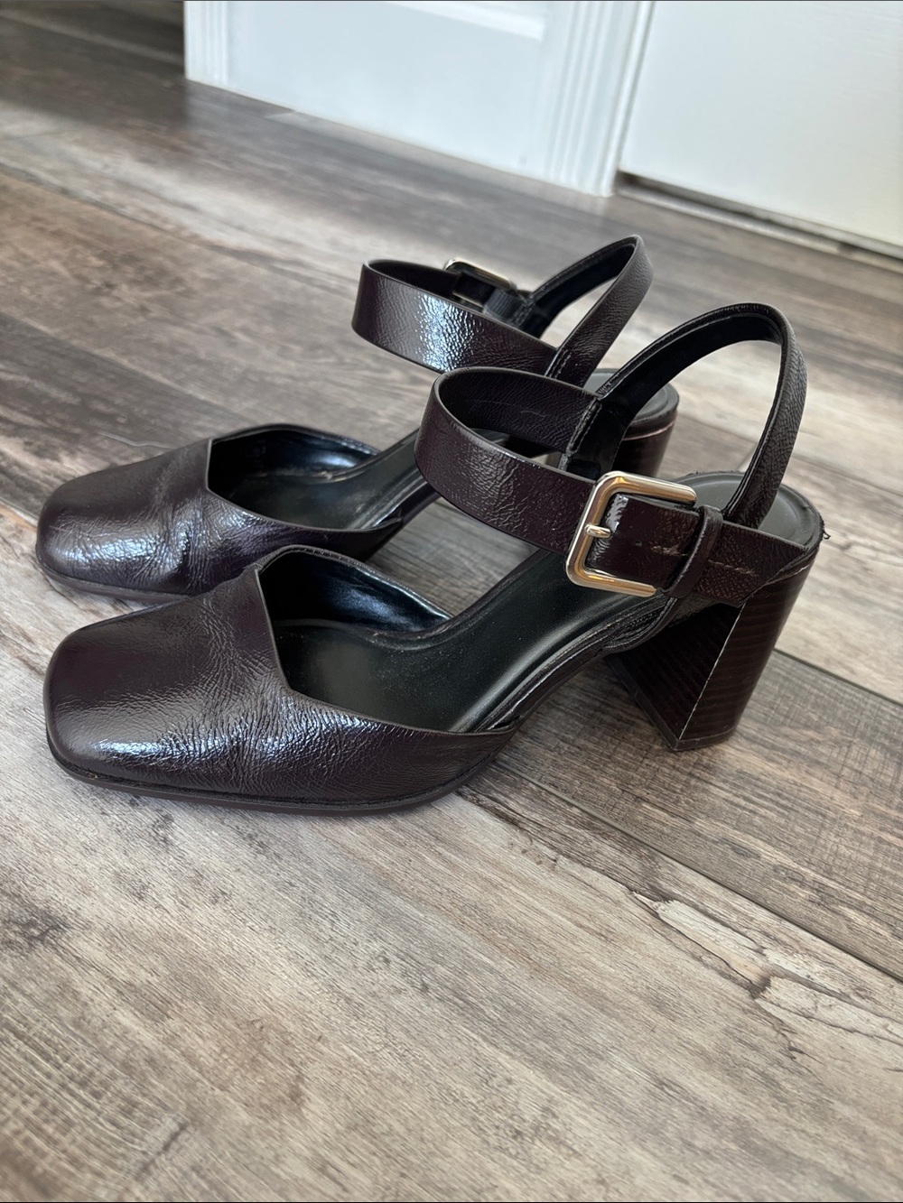 Zara Dark Brown Square-Toe Block Heel Sandals with Ankle Straps
